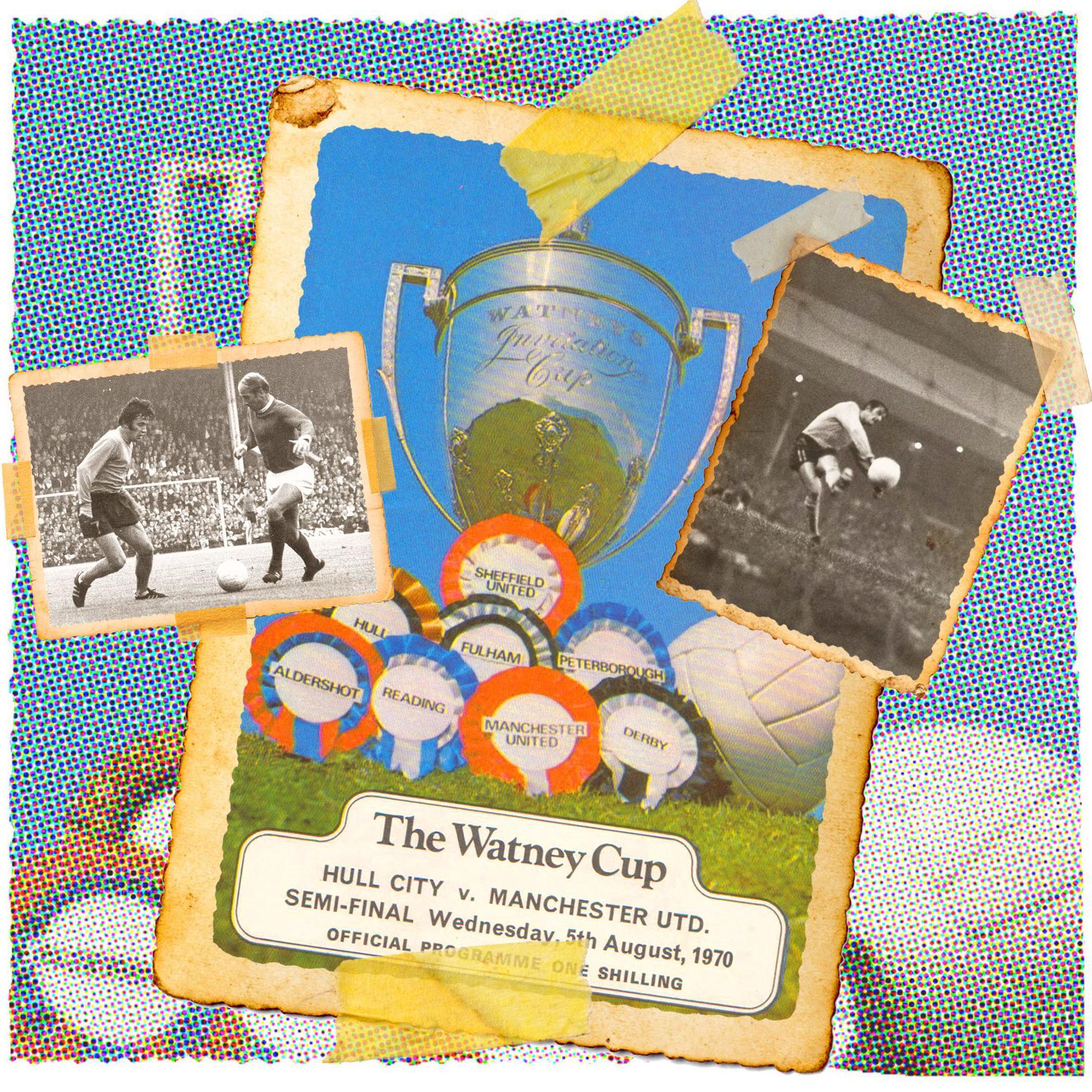 Collage de imágenes de la Copa Watney de 1970: el programa del partido y fotos de la acción del juego.