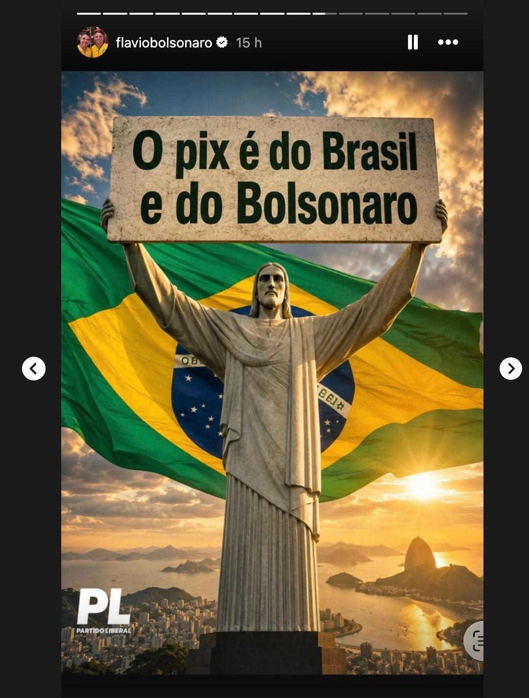 Imagen del Cristo Redentor sosteniendo un cartel que dice "Pix es de Brasil y de Bolsonaro", con la bandera de Brasil y el paisaje de Río de Janeiro de fondo.