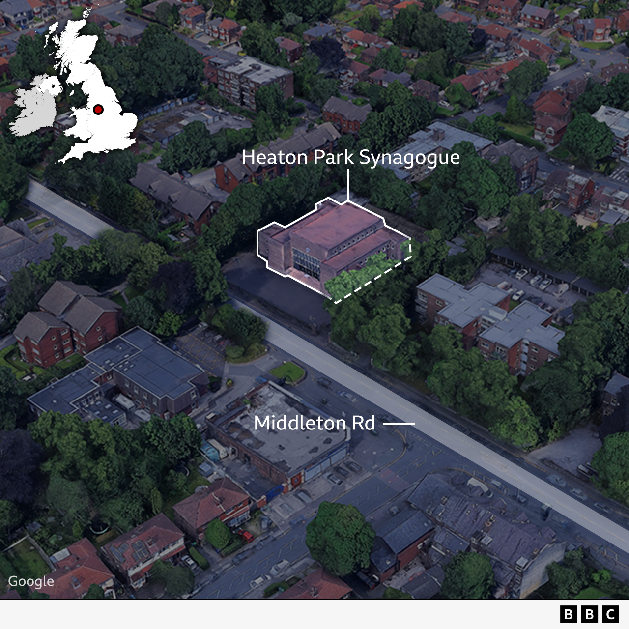 미들턴 로드에 위치한 히튼 파크 유대교 회당의 항공 사진