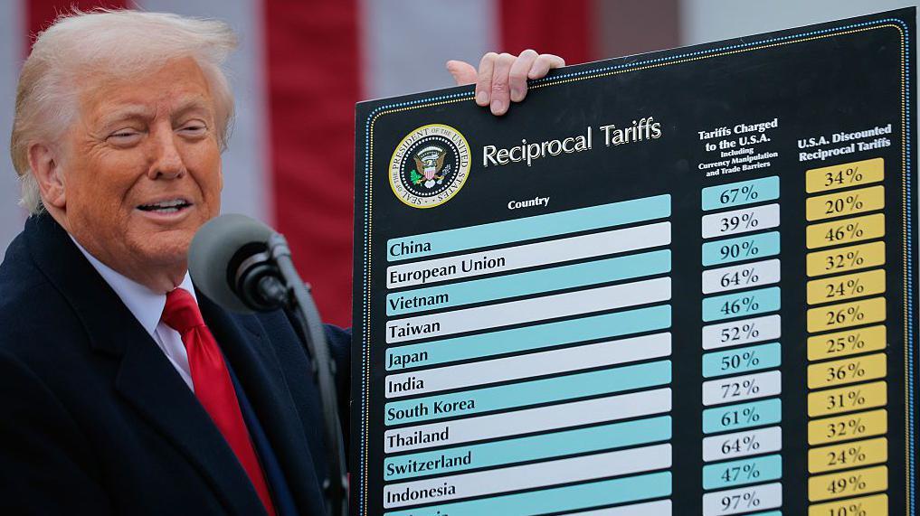 Donald Trump sostiene un cartel en el que se muestra la lista de países con los aranceles.