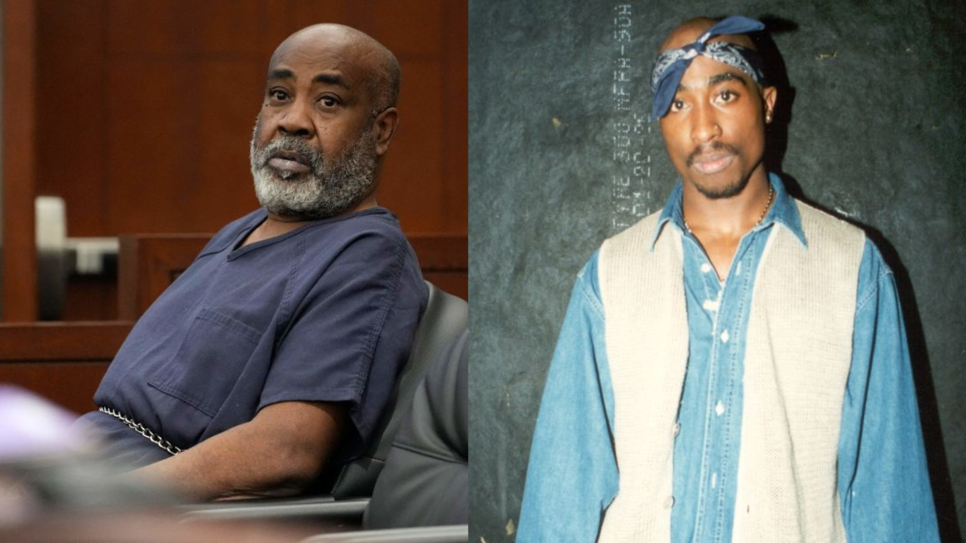 Un montaje en el que se ve a "Keffe D" sentado en un tribunal, vistiendo un uniforme azul, una cadena alrededor de su cintura en el lado izquierdo y a Tupac Shakur, vistiendo una camisa de denim, un chaleco blanco y una bandana azul.