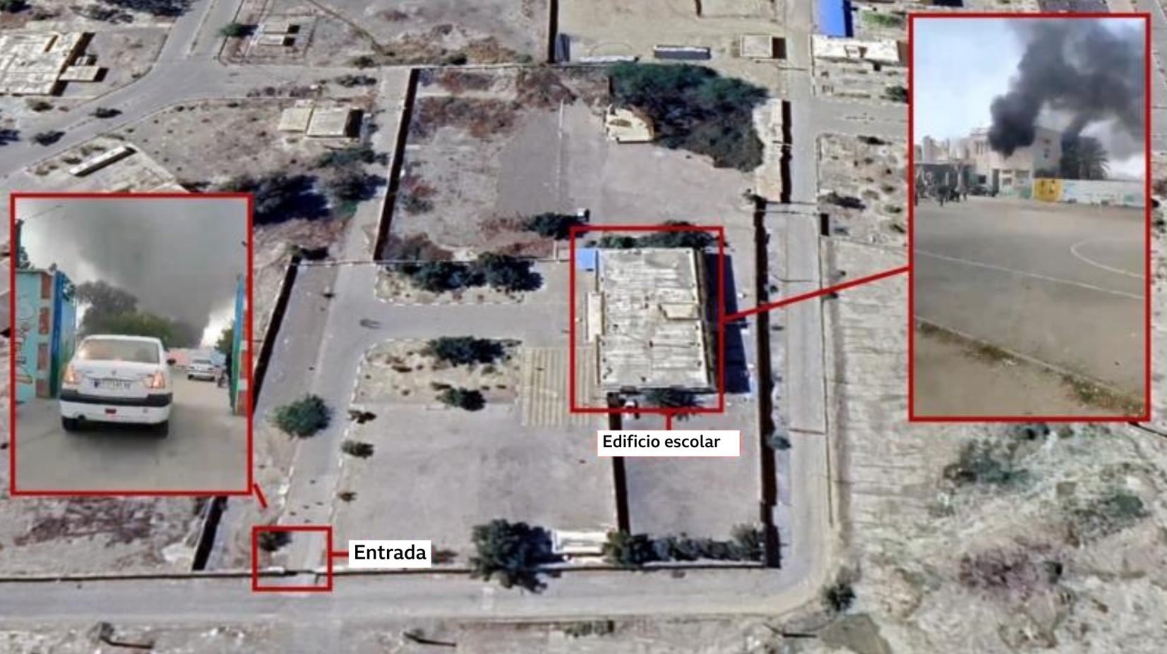 Una vista aérea de dos puntos de la primaria atacada y la comparativa con imágenes de videos