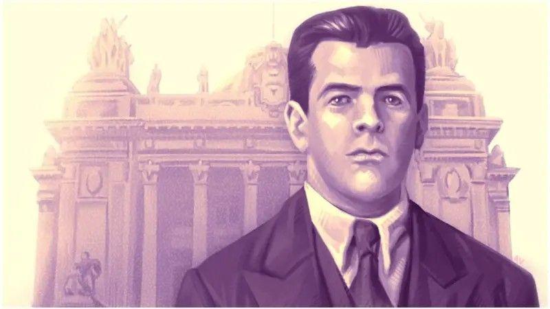 Imagem antiga de um homem e um palácio de governo atrás