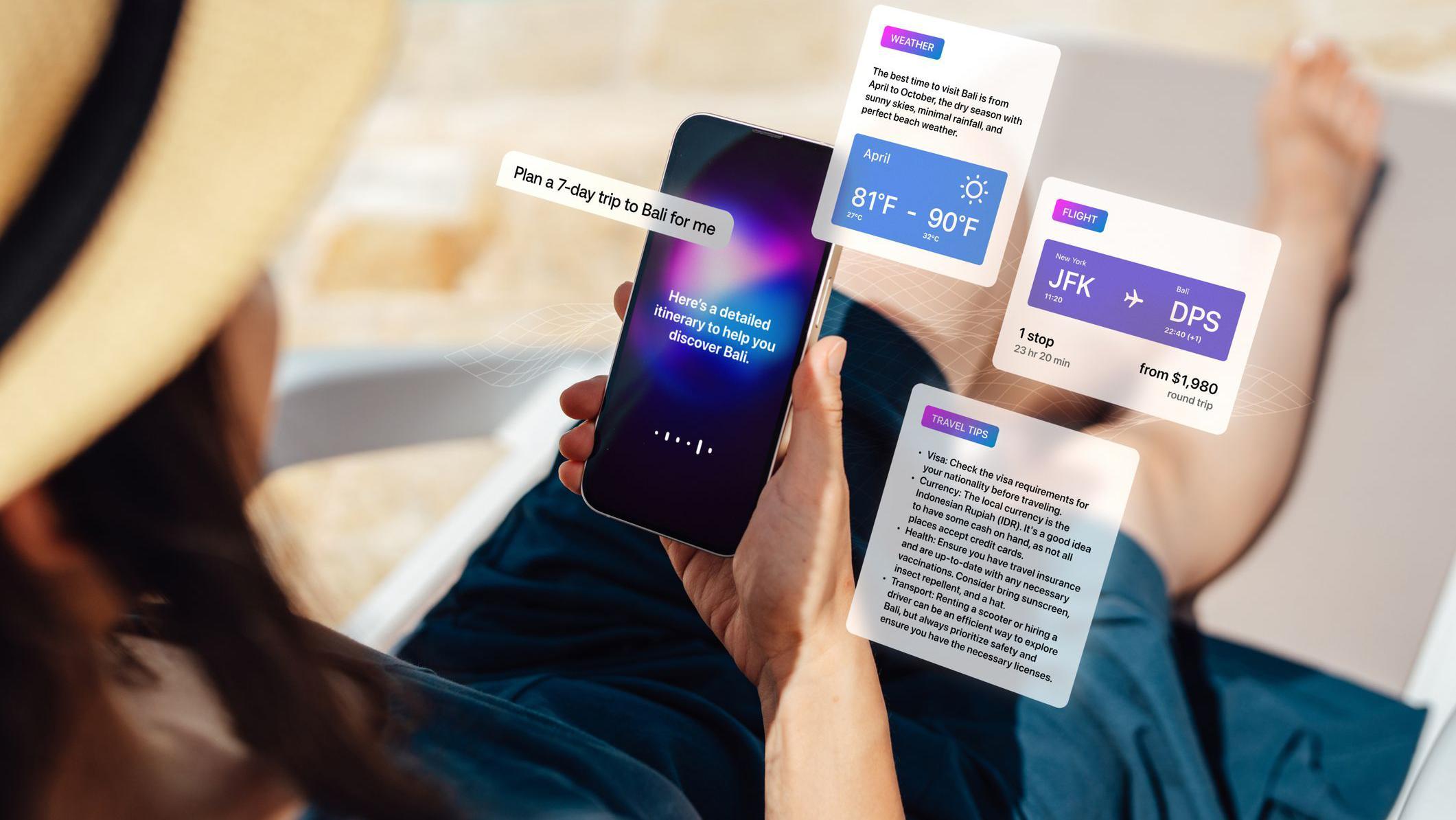 Ilustra&ccedil;&atilde;o de uma mulher usando a intelig&ecirc;ncia artificial no telefone celular para planejar uma viagem