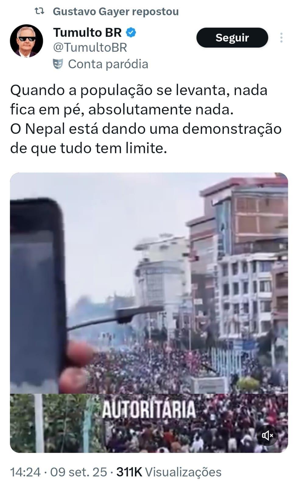 Captura de tela de postagem retuitada por Gustavo Gayer no X