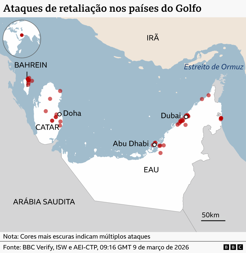 Mapa dos pa&iacute;ses ao redor do Golfo, destacando Bahrein, Catar e Emirados &Aacute;rabes Unidos. Os locais de risco est&atilde;o concentrados principalmente na pequena ilha do Bahrein, na costa leste do Catar e ao longo da costa norte dos Emirados &Aacute;rabes Unidos, especialmente em torno de Abu Dhabi e Dubai.