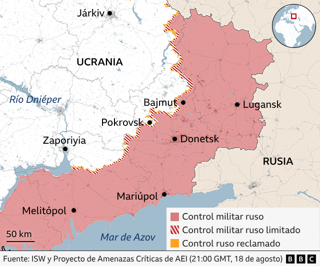Un mapa muestra la división de la región de Donetsk de Ucrania.