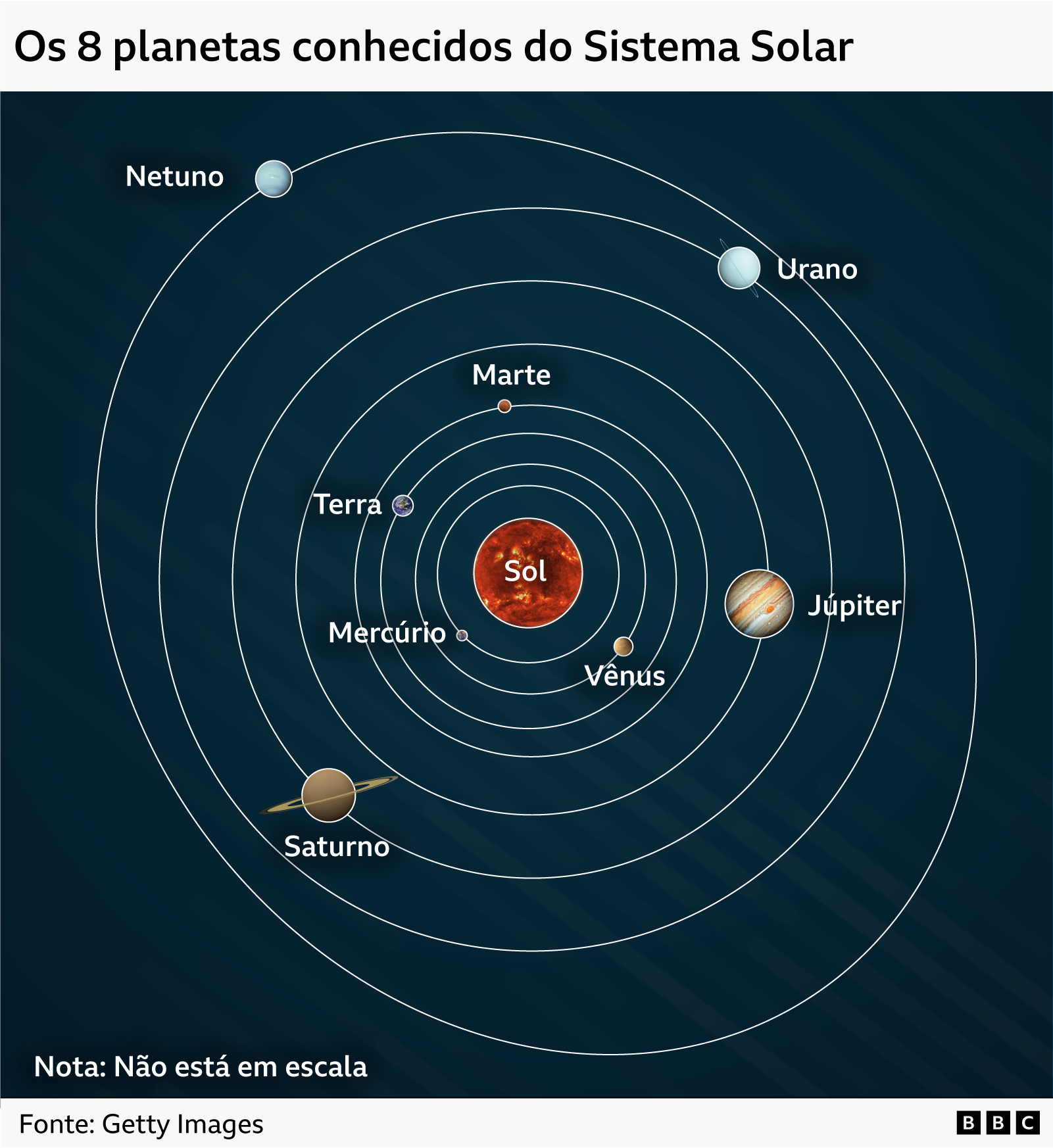 Um gr&aacute;fico que mostra as &oacute;rbitas dos oito planetas conhecidos em torno do Sol: Merc&uacute;rio, V&ecirc;nus, Terra, Marte, J&uacute;piter, Saturno, Urano e Netuno.