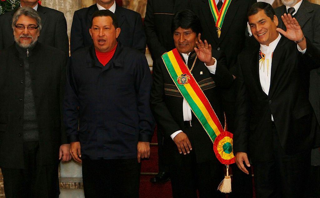 El festejo del bicentenario de Bolivia en 2009 con los entonces presidentes Fernando Lugo (Paraguay), Hugo Chávez (Venezuela), Evo Morales (Bolivia) y Rafael Correa (Ecuador).