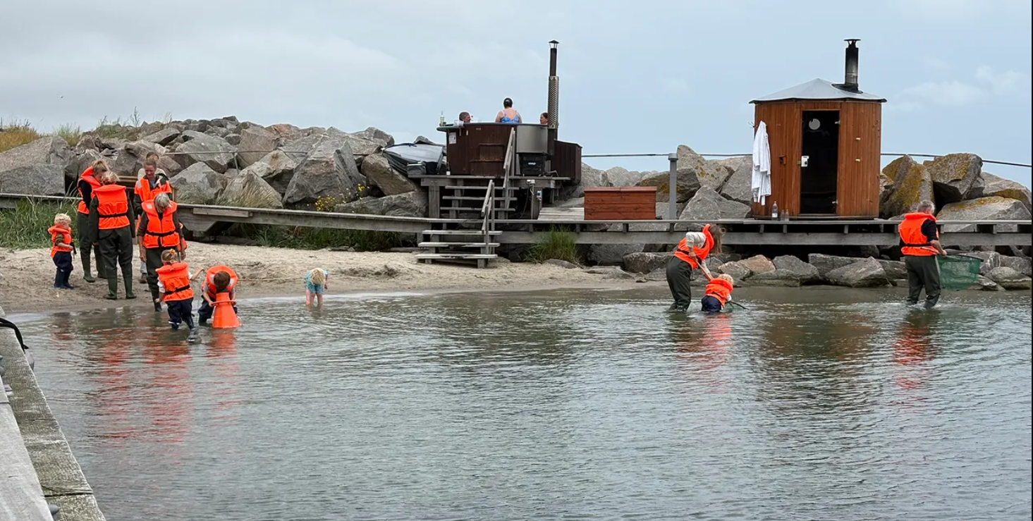 Varias personas, algunas con chalecos salvavidas naranjas, se adentran en aguas poco profundas con redes junto a una orilla rocosa, donde también se ven una sauna de madera y una pequeña construcción sobre una plataforma.