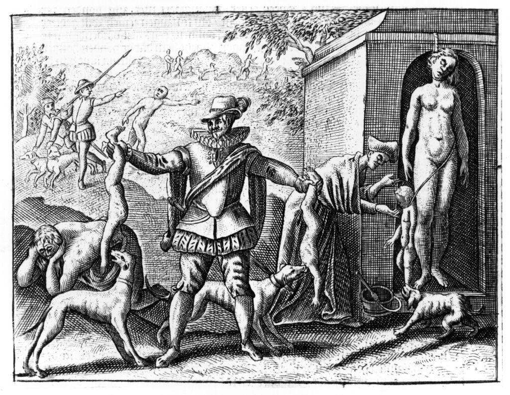 Una litografía del uso de perros por parte de españoles como castigo en la conquista de los incas