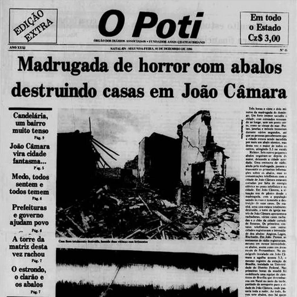 Capa do Jornal O Poti, no Rio Grande do Norte, no dia ap&oacute;s o tremor registrado em Jo&atilde;o C&acirc;mara