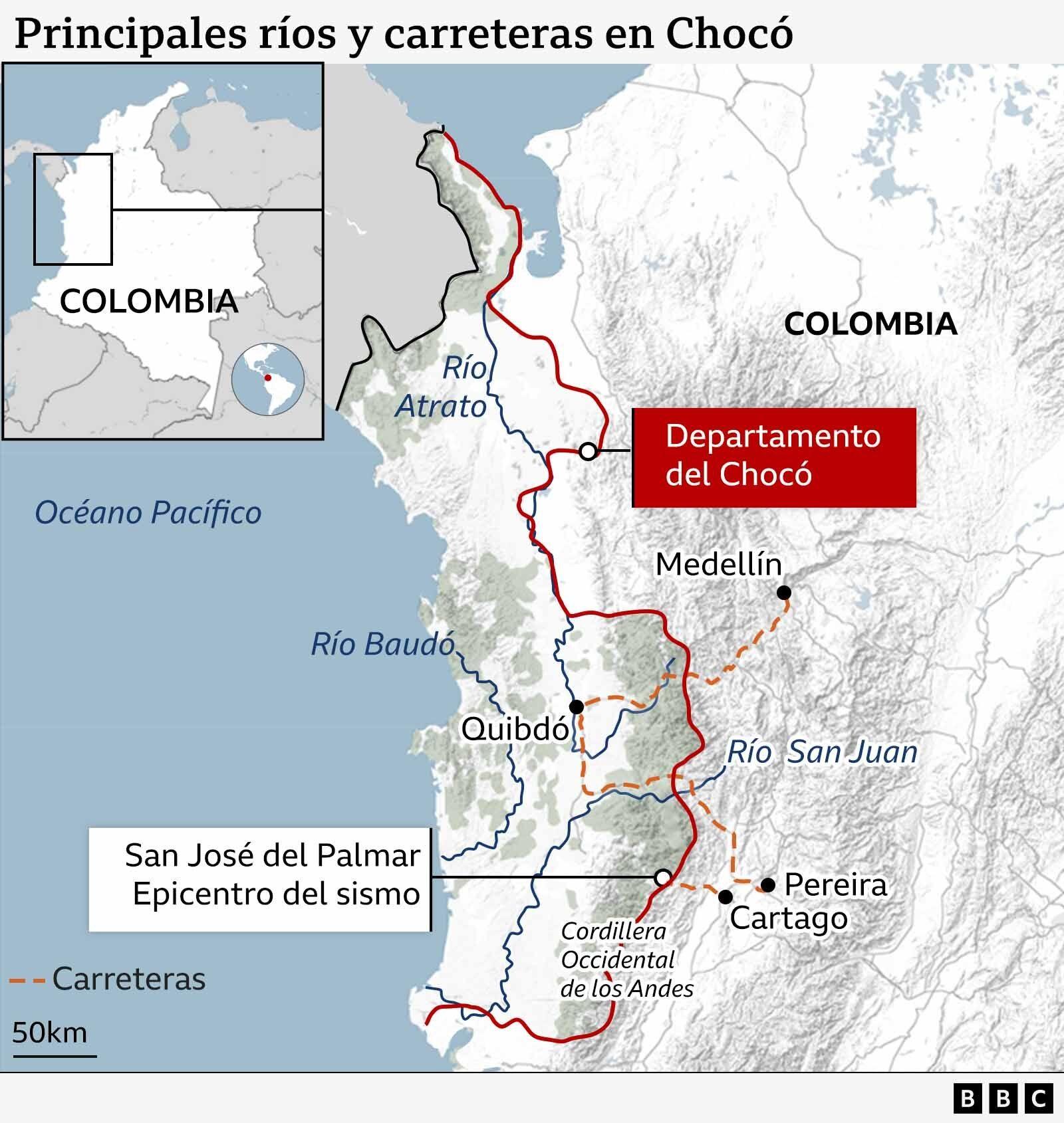 Mapa que muestra las principales carreteras y ríos del departamento del Chocó. 