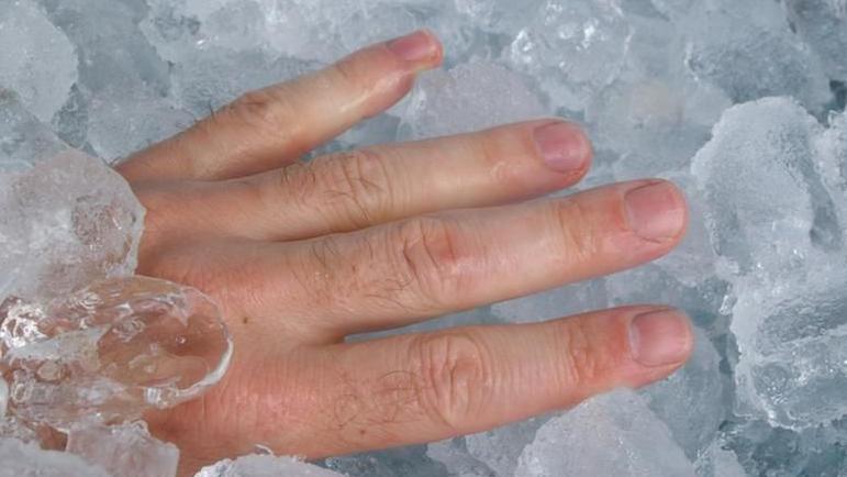 يد شخص محاطة بقطع من الثلج