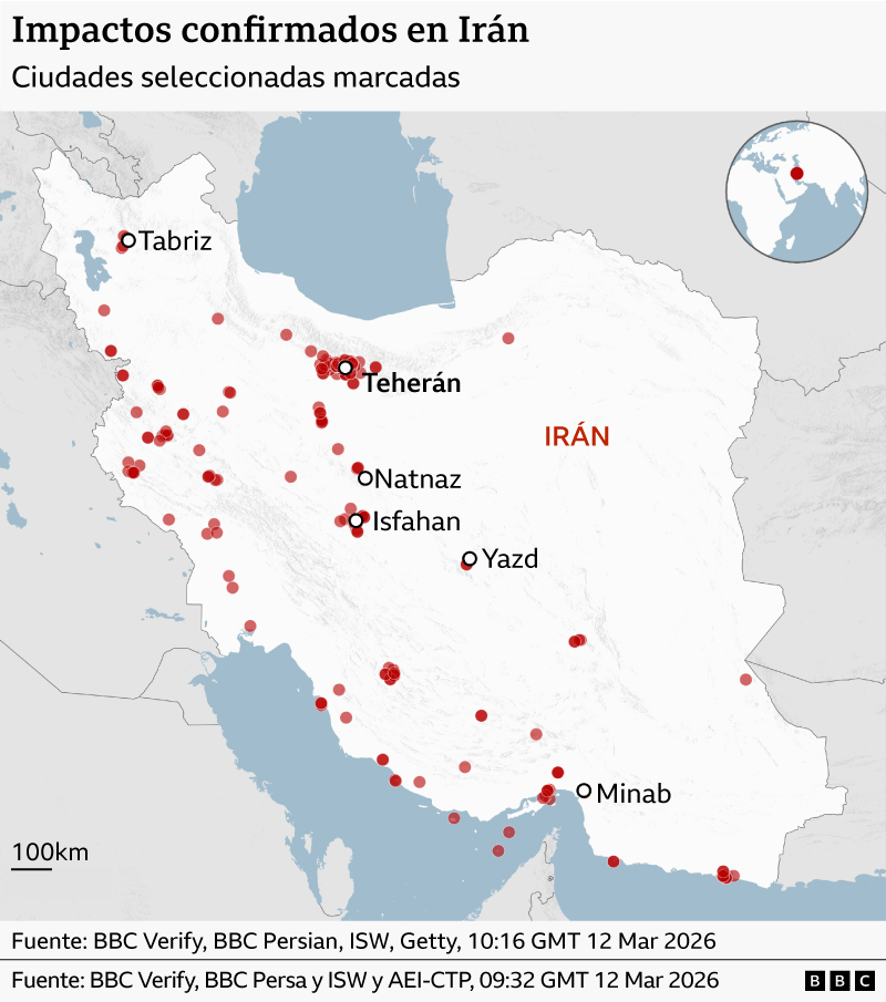 Mapa que muestra los impactos que se han registrado en territorio iraní en las últimas semanas