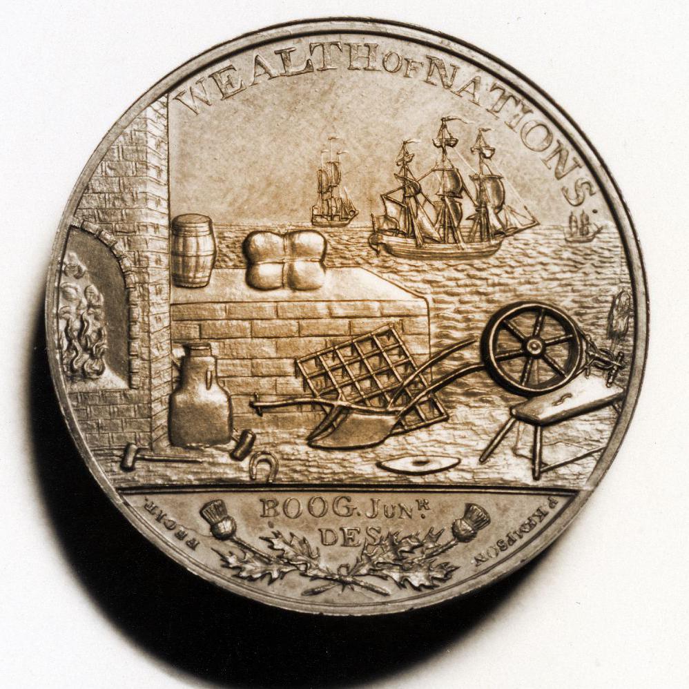 Moeda com os dizeres 'Riqueza das Na&ccedil;&otilde;es', em ingl&ecirc;s, mostrando navios no mar e produtos em terra