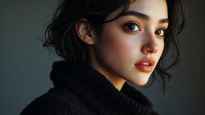 A hero&iacute;na do filme 'Naisha', de Vivek Anchalia, totalmente gerada por IA, vestindo blusa preta