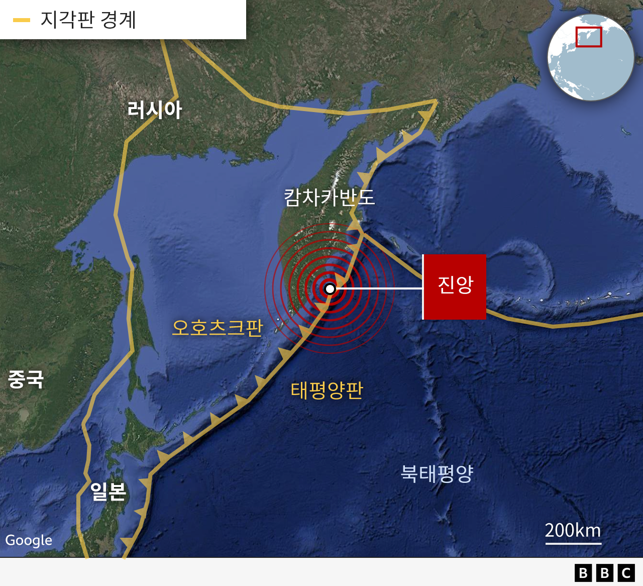 오호츠크판-태평양판 지각 경계를 표시한 지도