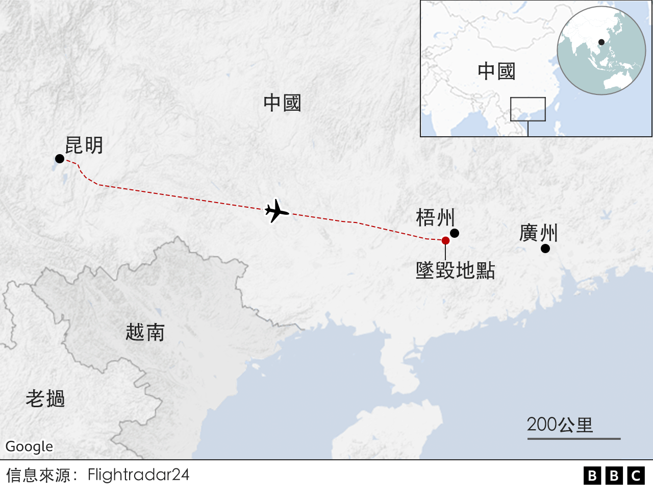 地圖：東航MU5735客機飛行軌跡與墜毀地點