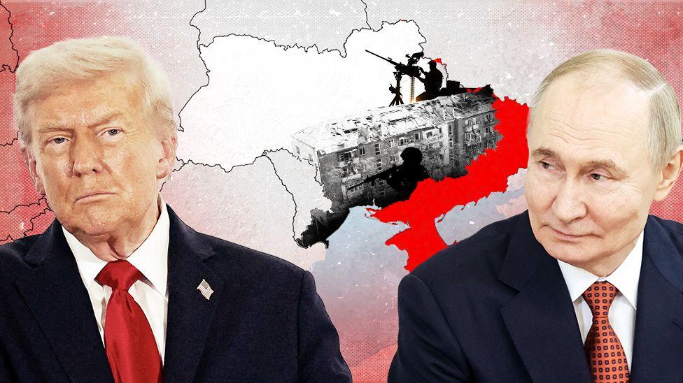 Un collage gráfico que muestra a Trump y Putin sobre un fondo que incluye un mapa de Ucrania, un edificio destruido y la silueta de un hombre con una ametralladora antiaérea.