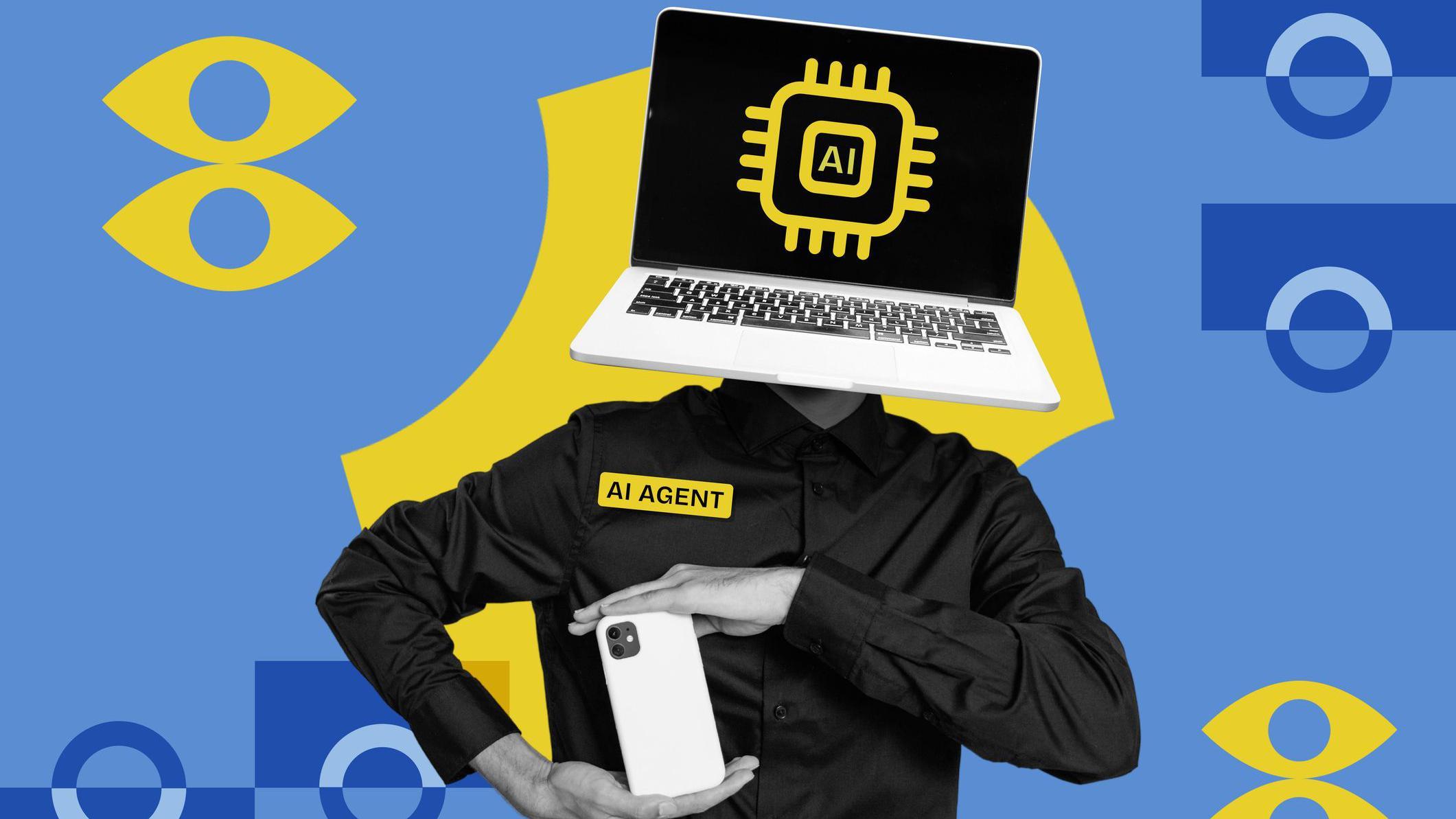 AI代理標誌的電腦在人頭位置，下方是人的身體，雙手舉著一隻手機。