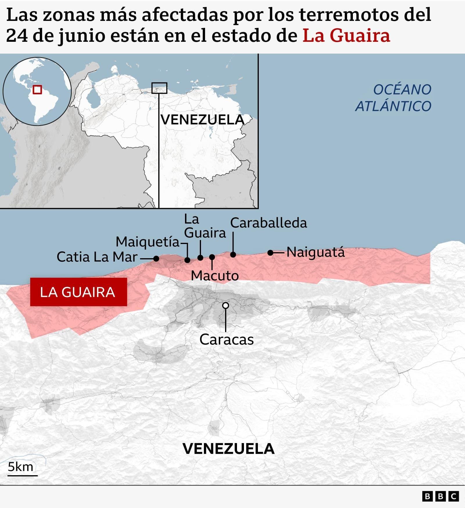 Mapa que muestra, en en el norte de Venezuela, las principales zonas afectadas por los terremotos en el estado de La Guaira
