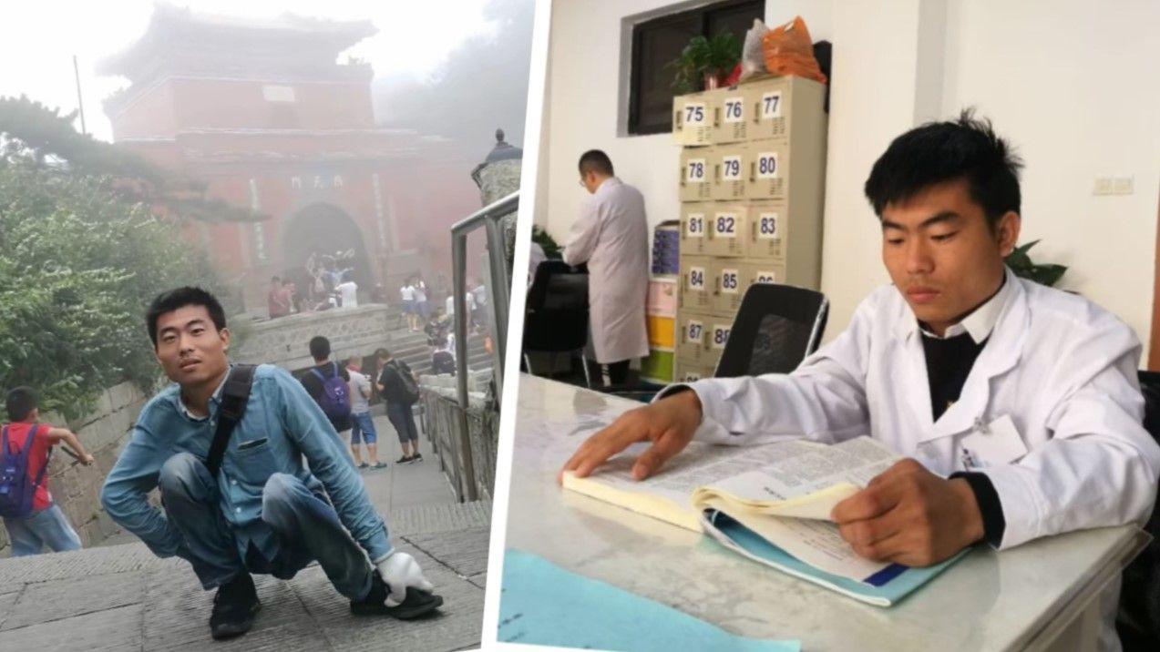 Una imagen compuesta que muestra una foto del Dr Li en el Monte Tai y otra como estudiante de Medicina, leyendo un libro