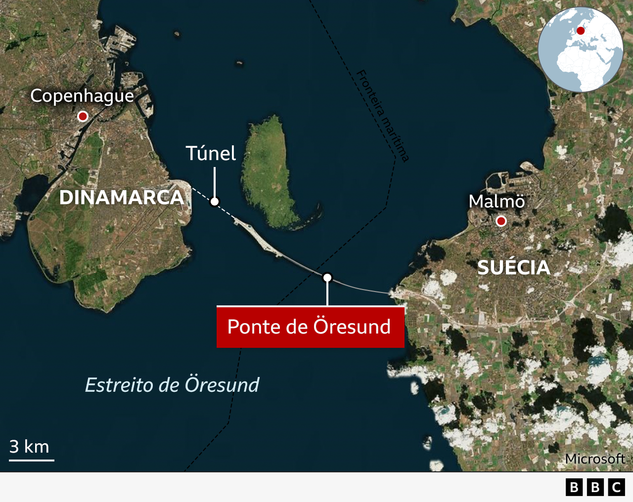 Mapa com a localização da ponte de Öresund