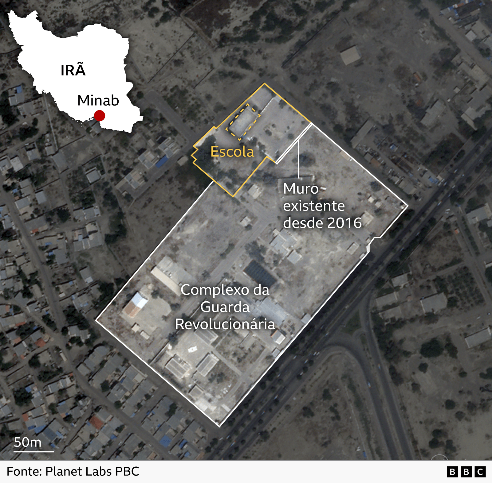 Mapa mostra localiza&ccedil;&atilde;o da escola e muro que a separava do complexo da guarda iraniana