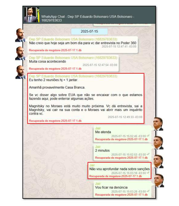 Captura das mensagens entre Jair Bolsonaro e Eduardo Bolsonaro reveladas pela PF
