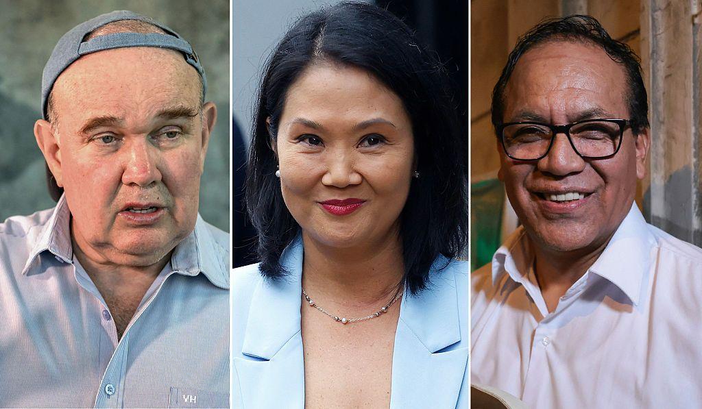 Rafael López Aliaga (i), Keiko Fujimori (c) y Roberto Sánchez, en un montaje que junta fotos de los tres. 