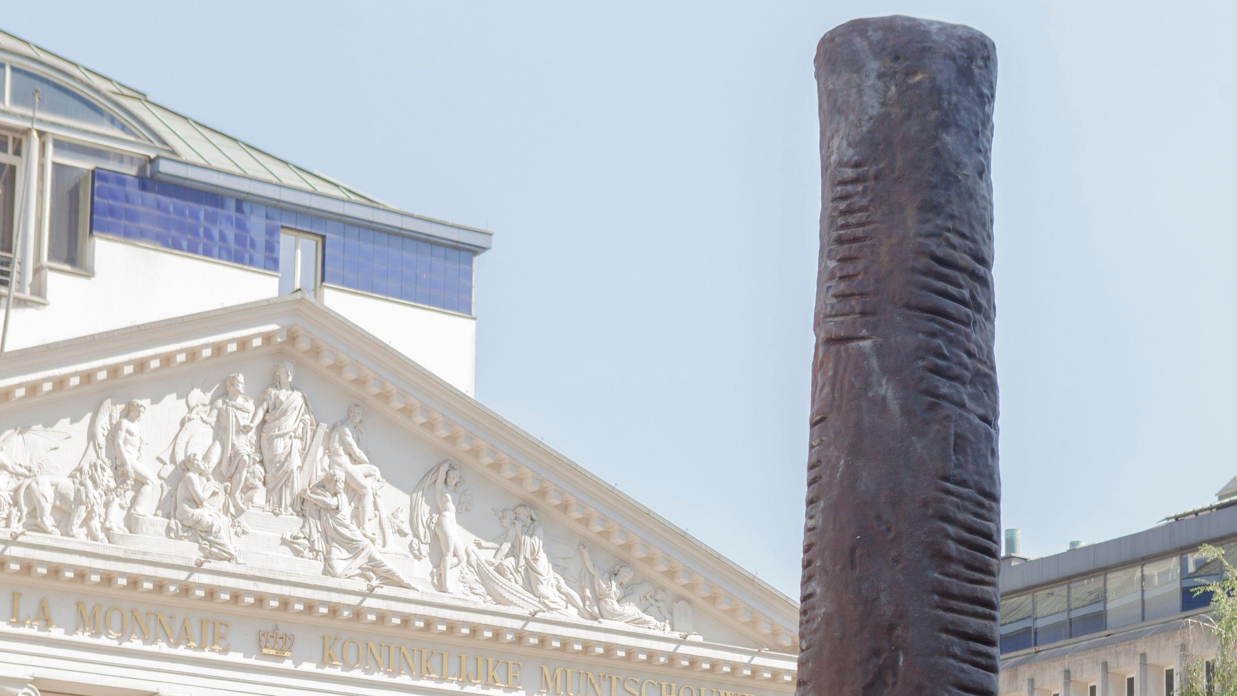 A sculpture replicating the Ishango Bone, found by a Belgian geologist, stands in a public square in Brussels.