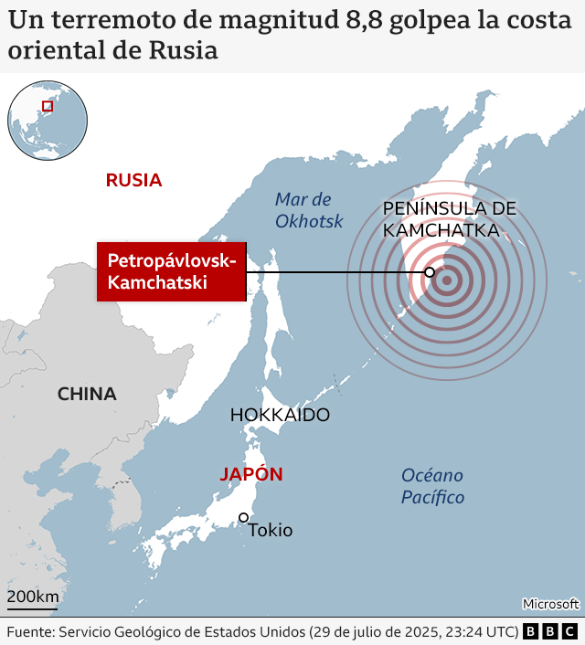 Mapa de la ubicación del terremoto frente a Rusia y de las zonas afectadas.