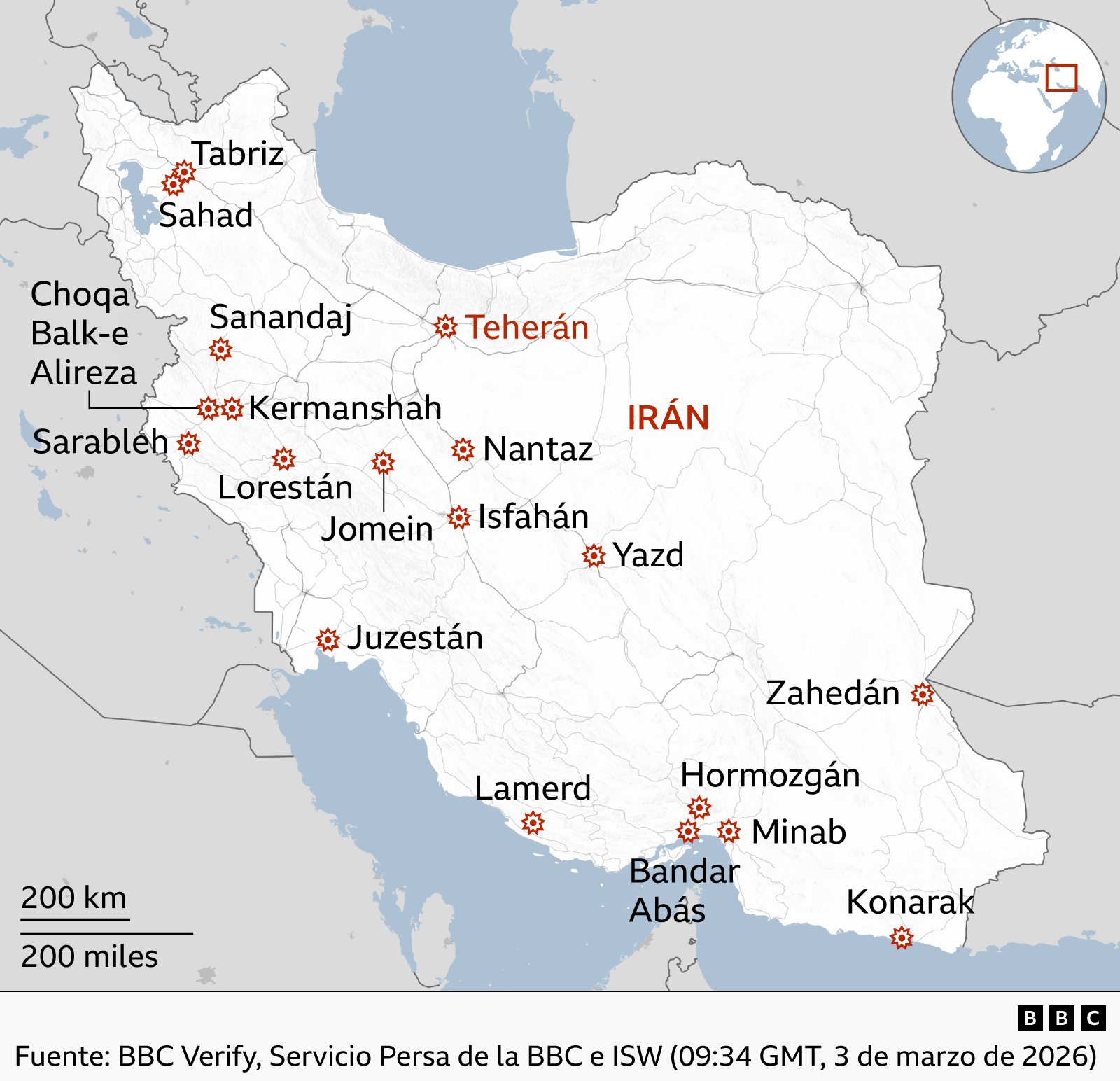Mapa que muetsra los ataques en Irán