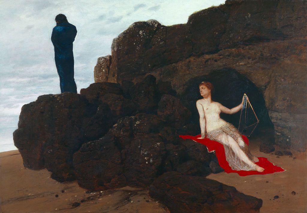 Óleo de Odiseo y Calipso por Arnold Boklin, 1882. La escena muestra a una mujer semidesnuda con un arpa, sentada sobre un manto rojo a la entrada de una cueva, mientras mira la silueta de un hombre observando el mar desde unas rocas. 