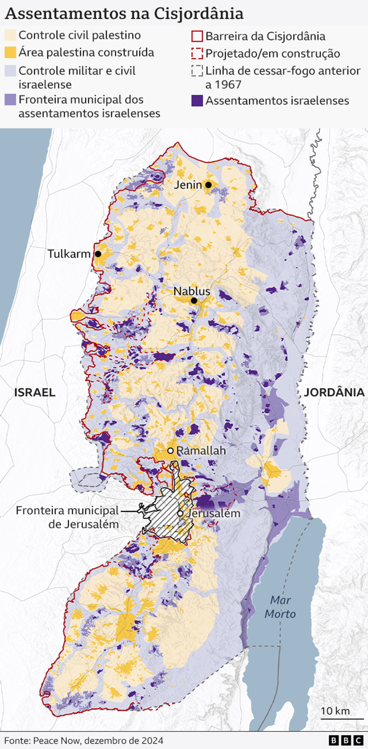 Mapa mostrando assentamentos israelenses na Cisjordânia ocupada