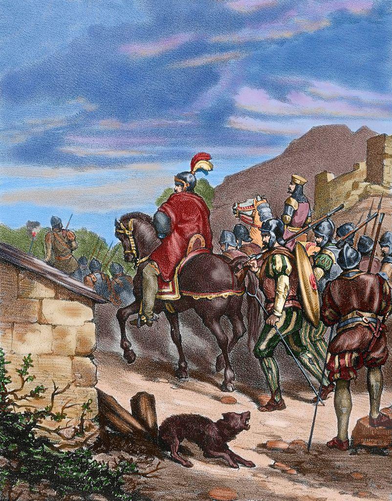 Una ilustración de Francisco Pizarro avanzando con sus hombres en la conquista de los incas