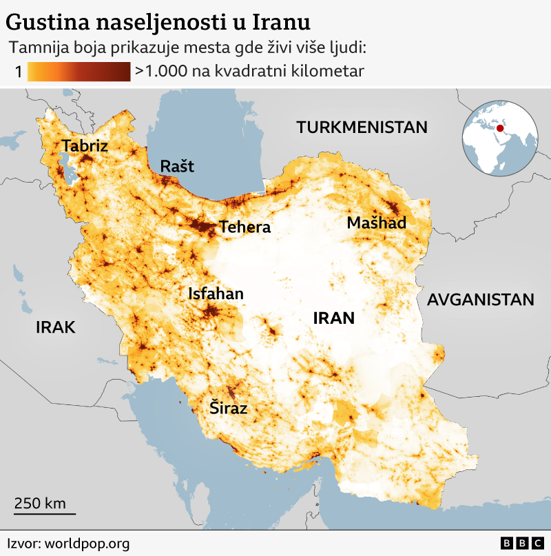 mapa naseljenosti u iranu, u kojima gradovima u iranu živi najviše ljudi, koji gradovi u iranu su najnaseljeniji