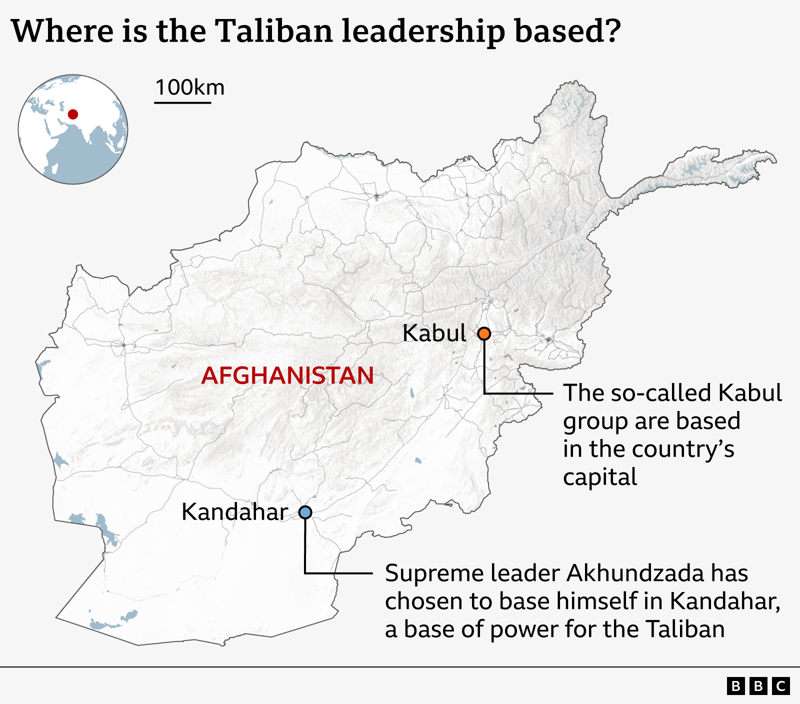 Map of Afghanistan showing where the Taliban leadership is based. In the city of Kandahar, an annotation says that Supreme leader Akhundzada has chosen to based himself in there, since it’s a base of power for the Taliban. In the city of Kabul, an annotation says that the so-called Kabul group are based in the country’s capital.