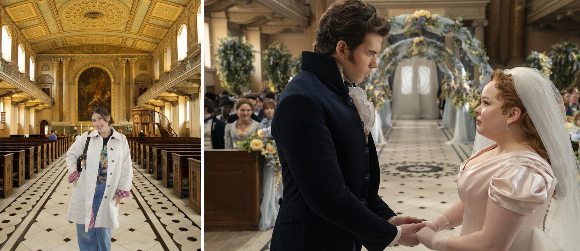 Imagen 1: Una mujer con vaqueros y bata blanca está de pie en el pasillo de una iglesia ornamentada. Imagen 2: Luke Newton como Colin Bridgerton y Nicola Coughlan como Penélope Featherington en el episodio 307 de Bridgerton.