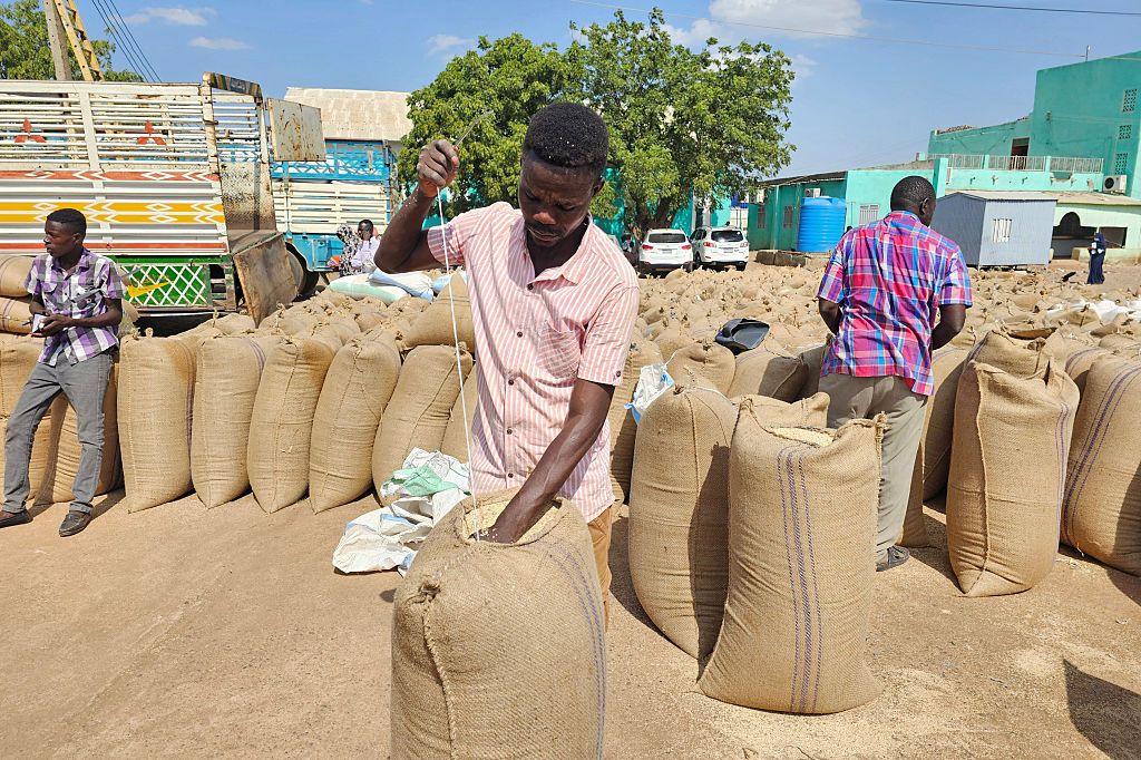 مزارعون سودانيون يتفقدون محاصيل السمسم من أكياسها خلال موسم الحصاد الحالي في سوق القضارف للمحاصيل، أكبر سوق للمحاصيل في البلاد، شرقي السودان، في 12 نوفمبر/تشرين الثاني 2025.