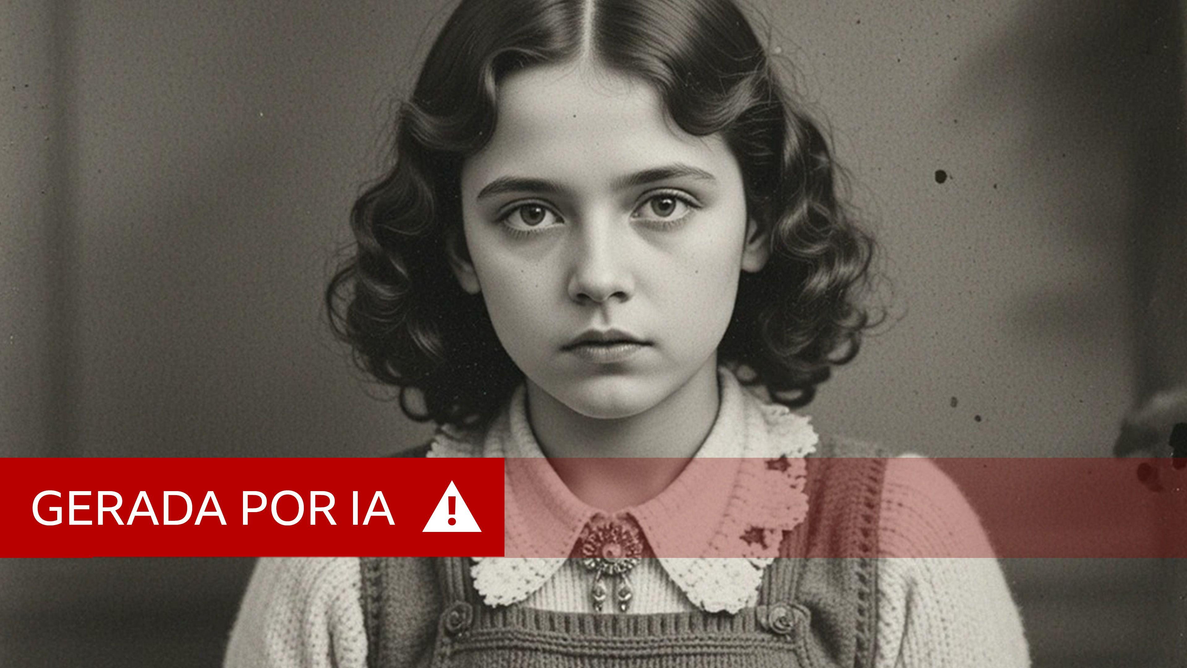 Uma imagem em preto e branco gerada por IA de uma jovem com cabelos na altura dos ombros, vestindo um suéter de tricô com gola e um avental. Ela olha diretamente para a câmera enquanto tricota.