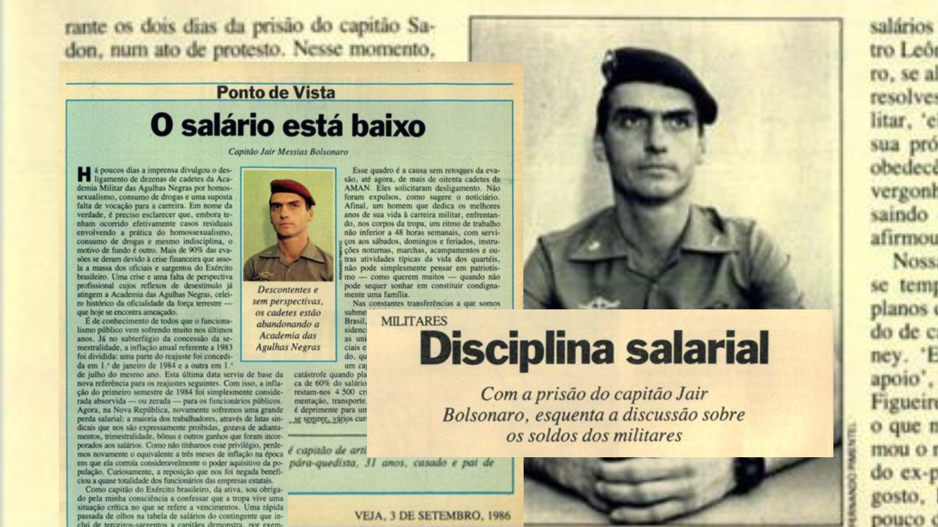 Recortes da revista Veja de 1986 mostra artigo de Bolsonaro e repercussão de sua prisão