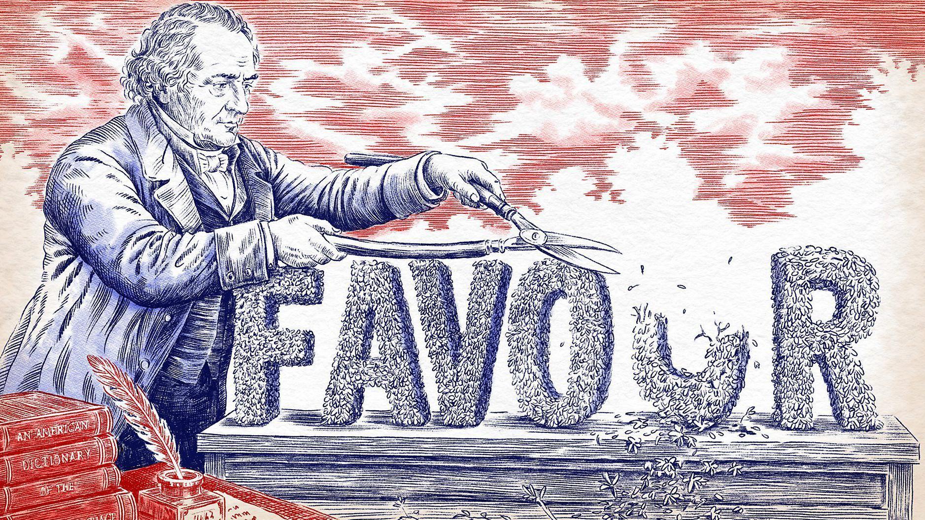 رسم يظهر شخصاً يقص حرف U من كلمة Favour بالإنجليزية