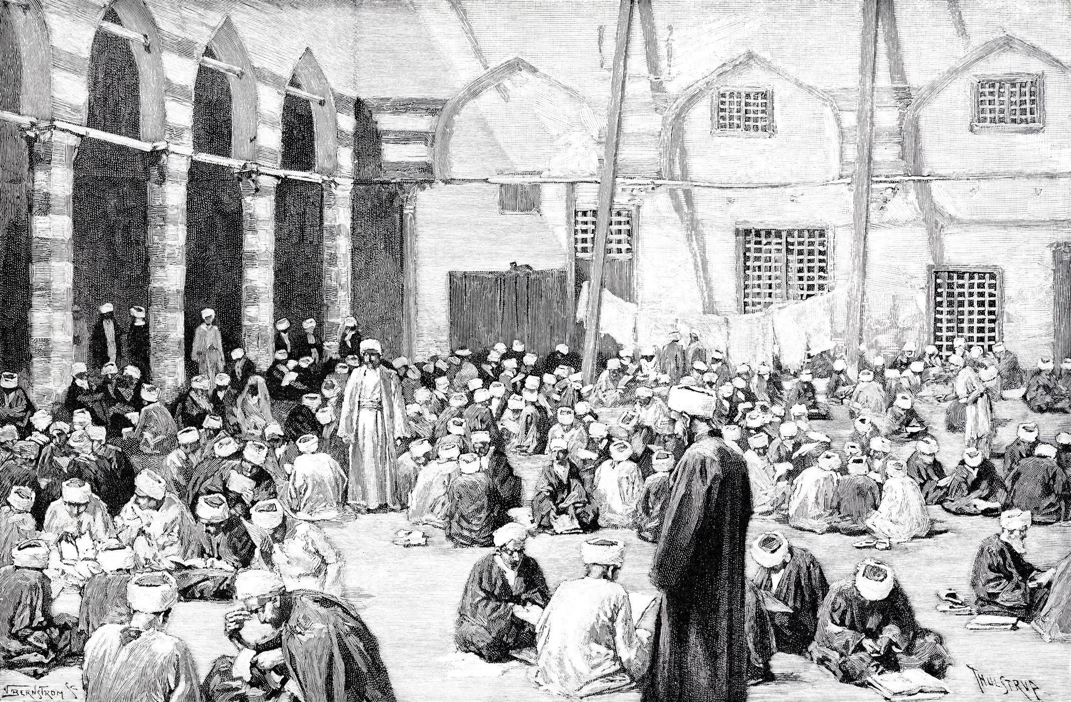 صورة توضيحية مرسومة لطلاب وشيوخ، يجلسون على الأرض في الساحة الخارجية لجامع الأزهر، و يرتدي جميعهم جلباباً وفقطاناً وعمامةً وتجلس كل مجموعة مُكونة من شخصين أو أربعة أشخاص في حلقة إما لتلقي العلم أوالدراسة أو للمذاكرة