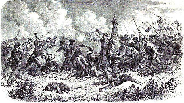 Gravura em preto e branco mostra batalha