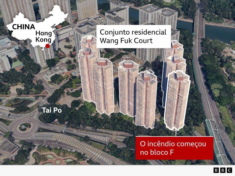 O fogo teve início em Wang Fuk Court, um grande conjunto residencial no distrito de Tai Po, em Hong Kong, às 14h51 de quarta-feira (26/11) no horário local
