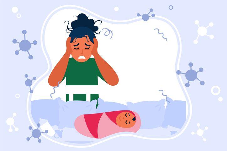 رسمة تعبيرية لأم متعبة تنظر إلى رضيعها النائم على السرير 