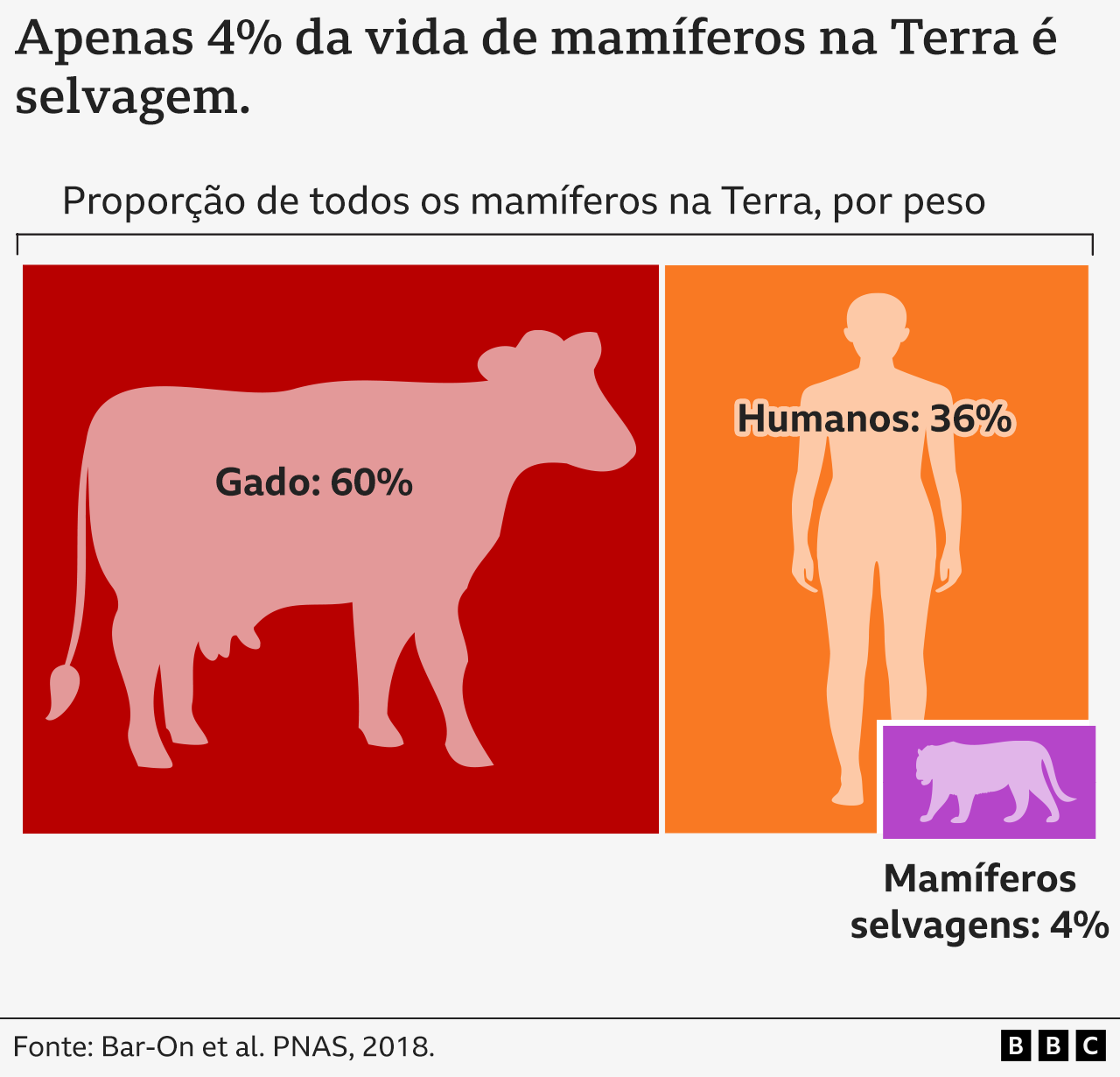 Gr&aacute;fico mostrando a propor&ccedil;&atilde;o de mam&iacute;feros na Terra em peso (ou biomassa) - 60% animais dom&eacute;sticos, 36% humanos e 4% mam&iacute;feros selvagens.
