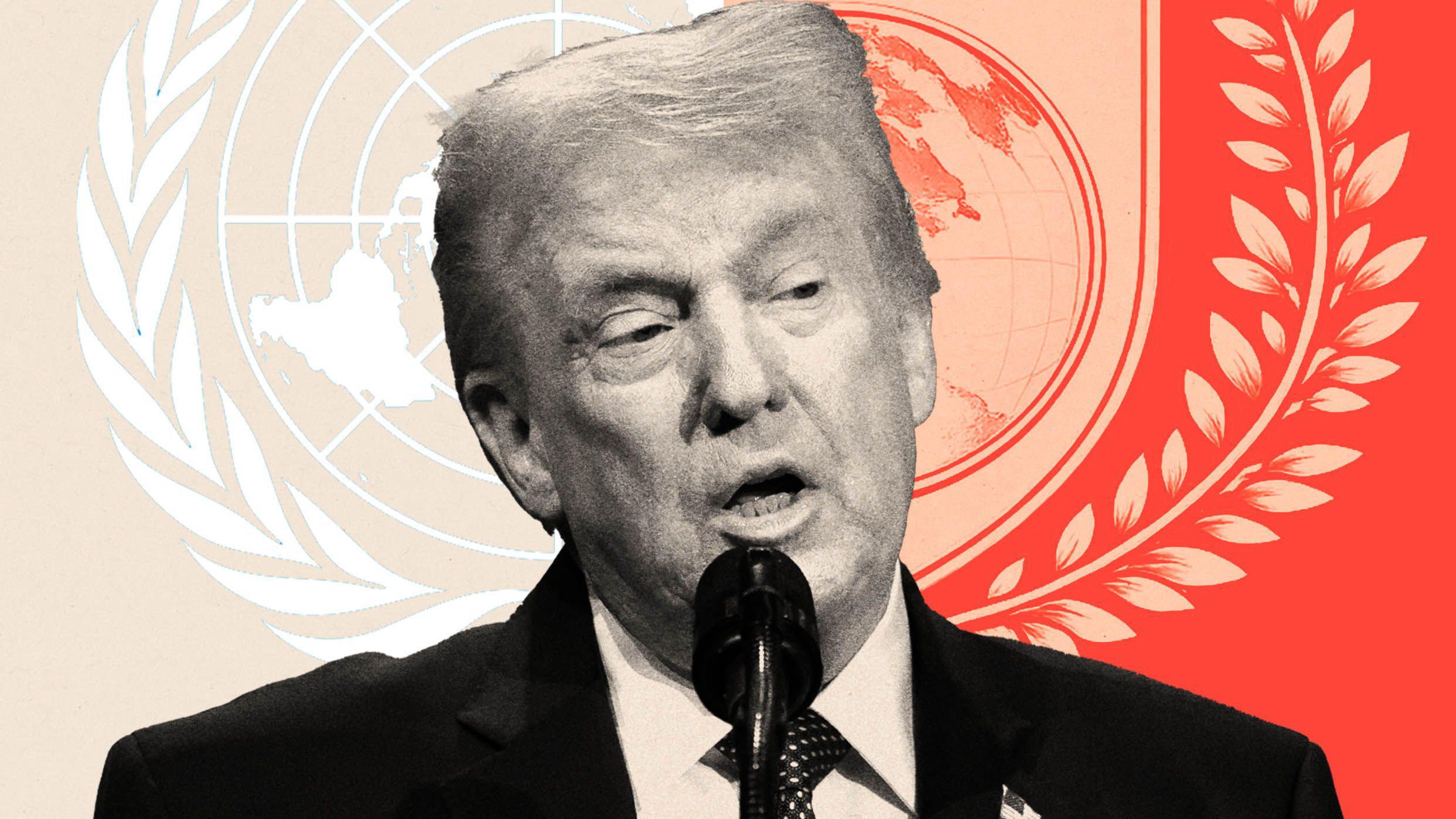 合成圖：畫面呈現特朗普、聯合國標誌以及和平委員會徽章